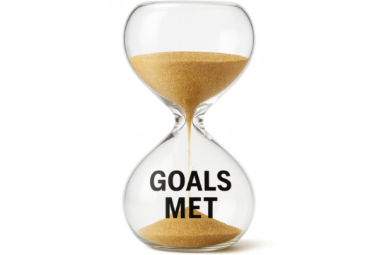 Hourglass with golden sand falling showing goals met on transparent background
