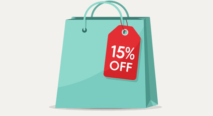Teal Paper Shopping Bag with Red 15 Off Discount Tag.