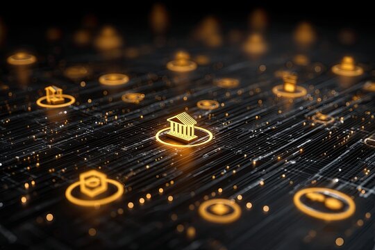 Abstract circuit board with glowing icons - Powered by Adobe