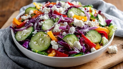 A vibrant salad of red cabbage, cucumbers, bell peppers, and feta cheese in a white bowl, rests on a wooden board, with a gray napkin