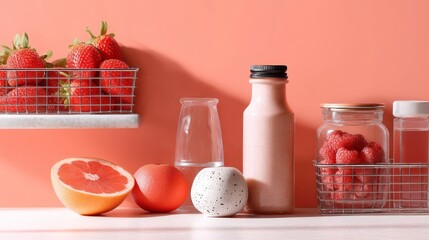 Healthy morning breakfast with grapefruit and milk on pink background for wellness lifestyle nutrition drink food photography branding campaign