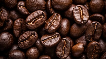 Fototapeta premium Close-up of roasted coffee beans for beverage industry branding dark roast aroma texture caffeine photography background concept marketing visuals