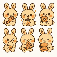 Fototapeta premium Cute rabbit character sticker set with eating theme