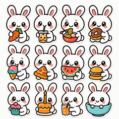 Obraz premium Cute rabbit character sticker set with eating theme