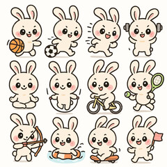 Cute rabbit character sticker set with sports theme
