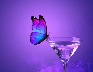 Pruple and Blue neon butterfly on martini glass with a purple background for night club womans night out casino vibes 