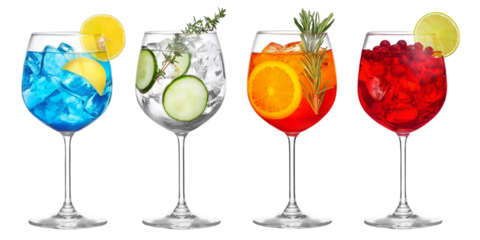 Blue Lagoon, Gin Tonic, Aperol Spritz, Cape Codder cocktail transparent PNG set bundle, isolated background. Refreshing summer cocktails in wine glass with garnish