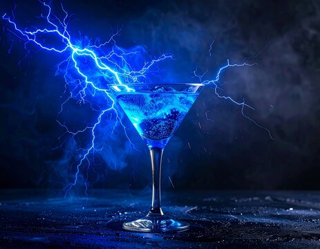 Blue ligthning bolts on cocktail glass for an alcohol party casino life party advertisement