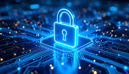 Glowing Blue Digital Padlock Icon on Circuit Board Representing Cybersecurity Technology
