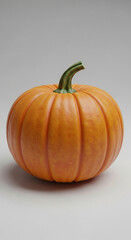 A single, smooth, orange pumpkin with a green stem sits on a light gray surface.