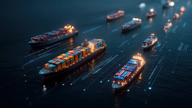 Digital cargo ships at night