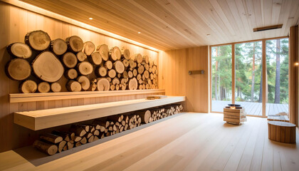 Wooden Sauna Interior With Log Wall And Large Windows Showing Natural Light And Forest View