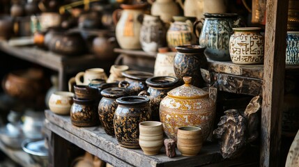 Rustic pottery displayed on wooden shelves for traditional ceramic craft branding vintage artisan kitchen decor photography cultural lifestyle visuals