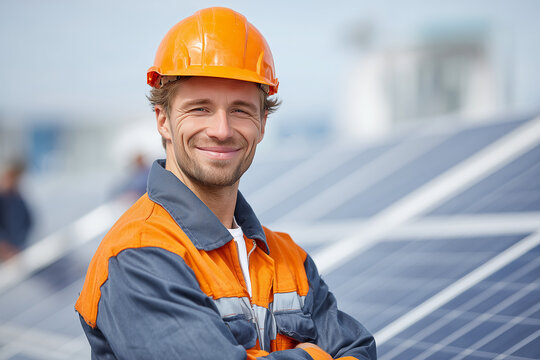 Smiling male technician in blue suit installing photovoltaic blue solar modules with screw. Man electrician panel sun sustainable resources renewable energy source alternative innovation	
