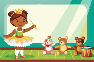Fototapeta premium Girl in ballet tutu and crown holding baton, “conducting” toy orchestra of stuffed animals