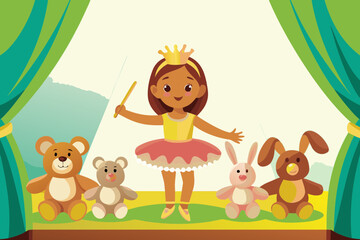 Obraz premium Girl in ballet tutu and crown holding baton, “conducting” toy orchestra of stuffed animals