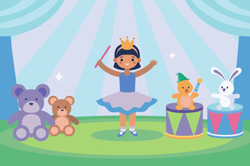 Obraz premium Girl in ballet tutu and crown holding baton, “conducting” toy orchestra of stuffed animals