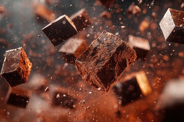 Chunks of dark chocolate tumbling through the air, with a soft-focus background to highlight their rich color