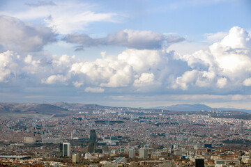 A sprawling urban landscape of Ankara is captured under a dramatic, cloudy sky, with buildings stretching out towards distant hills.