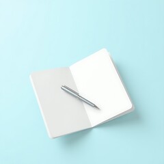 An open blank notebook with a pen rests on a rustic wooden table
