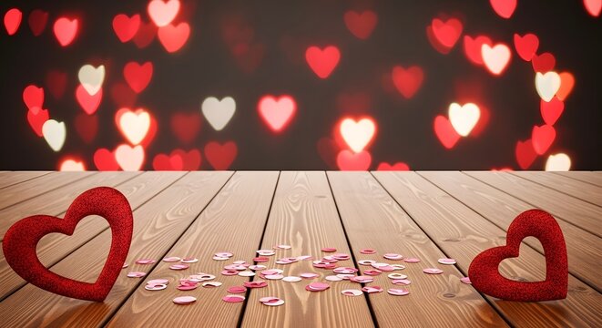 Two glittery red heart shapes on a wooden plank surface with scattered heart confetti, set against a bokeh background of red and white hearts, perfect for valentines day