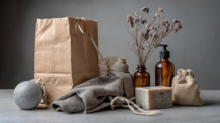 Rustic paper packaging with natural decor and glass bottles for eco friendly product photography branding sustainable organic lifestyle visuals