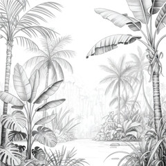 Monochrome Jungle Illustration Featuring Palm Trees Banana Plants and Tropical Vegetation Creating a Serene and Exotic Ambiance