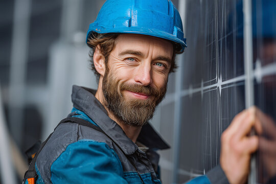 Smiling male technician in blue suit installing photovoltaic blue solar modules with screw. Man electrician panel sun sustainable resources renewable energy source alternative innovation	

