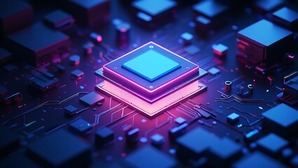 Futuristic glowing digital processor chip with neon purple and blue light emanating from its core surrounded by abstract technological elements and circuits in a dark futuristic environment