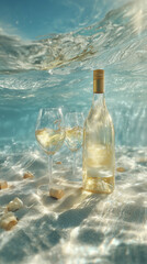 Obraz premium Bottle and glasses of white wine standing on the seabed with corks and seashells, creating a luxurious underwater scene