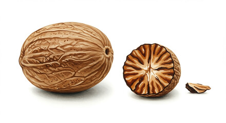 Whole and halved nutmeg seeds, showcasing intricate details and warm, earthy tones in a watercolor illustration.
