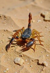 Fototapeta premium A vibrant scorpion with striking orange and black markings stands on sandy terrain, its claws gripping the ground as it surveys its surroundings