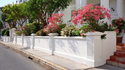 Fototapeta premium White-walled houses with pink flowers