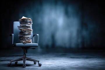 A high stack of papers sits on a gray office chair.  Dark, moody backdrop
