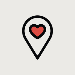 A minimalist vector illustration of a map pin with a heart icon inside, symbolizing love or favorite location.