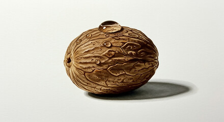 Detailed close-up illustration of a solitary whole nutmeg with a glistening water droplet on top, highlighting the intricate texture of the spice.
