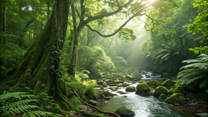 Showcasing a dense canopy of green foliage with sunlight streaming through, creating a dappled effect on the forest floor.