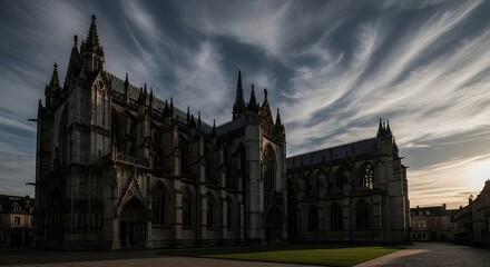 Fototapeta premium Gothic cathedral at twilight, moody clouds and detailed stonework