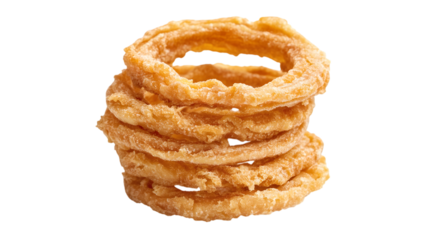 Crispy golden onion rings stacked invitingly, a delicious snack ready for enjoyment isolated on white background