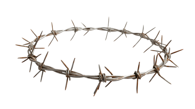 Barbed wire crown symbolizes suffering pain sacrifice and redemption for powerful conceptual themes isolated on white background