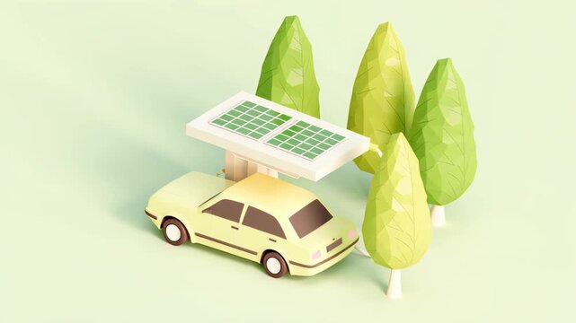 Eco-Friendly 3D Isometric Icon of Car Charging Under Solar Panel with Trees and Green Background