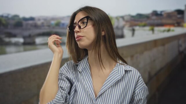 Young hispanic woman wearing striped shirt and glasses scratches her head on sunlit cobblestone street in old town; uncertainty.