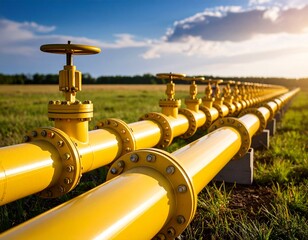 Long yellow natural gas pipeline stretching across a green field at sunset.