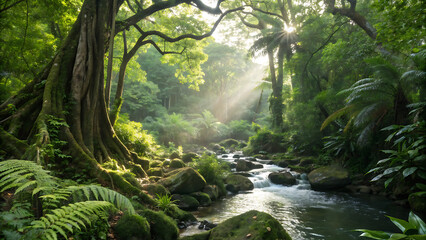 Obraz premium Showcasing a dense canopy of green foliage with sunlight streaming through, creating a dappled effect on the forest floor.