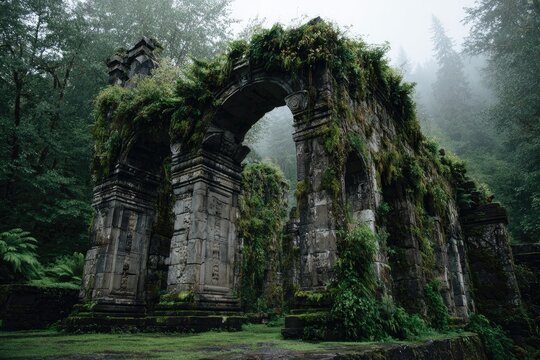 Ancient stone archway overgrown with lush greenery in a misty forest