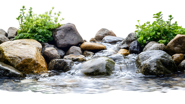 Natural Mountain Stream with Rocks and Green Plants Isolated on White Background