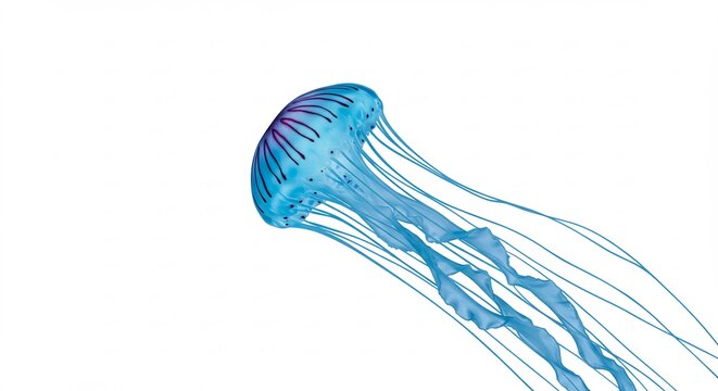 Elegant blue jellyfish gracefully drifts against bright white background. AI Generated - Powered by Adobe