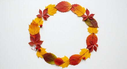 Vibrant autumn leaves form a colorful circular frame against a bright white background. AI Generated