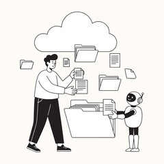 A man and a robot working together, organizing files and transferring data to the cloud. This image illustrates concepts of cloud storage, data management, and technology.
