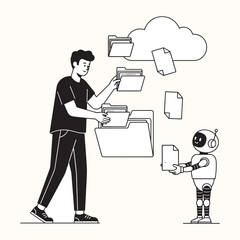 A man and a robot working together, organizing files and transferring data to the cloud. This image illustrates concepts of cloud storage, data management, and technology.